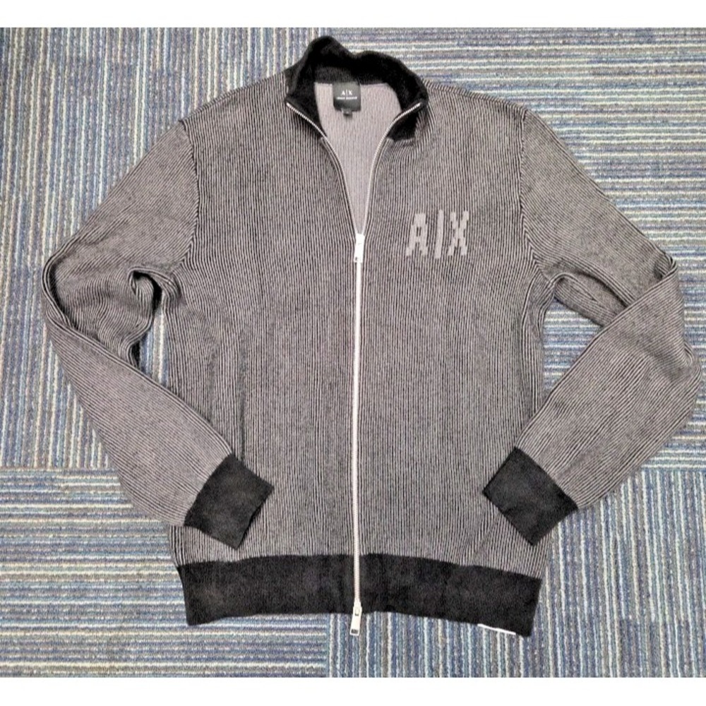 Armani Exchange Mens M Black Gray Knit Full Zip Sweater Logo Long‎ Sleeve